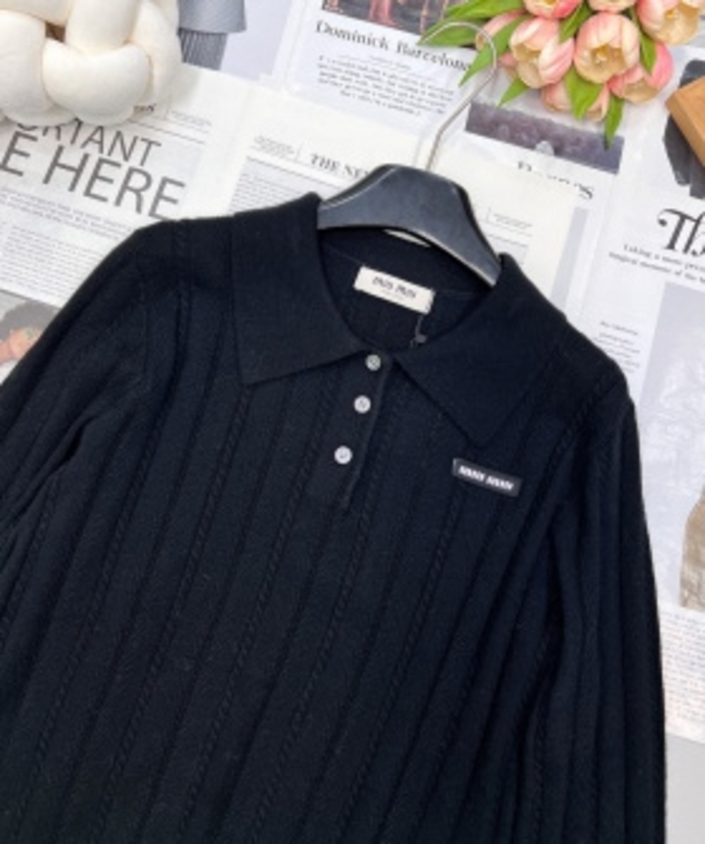 🖤Miu Miu Black Ribbed‑Knit Polo Collar Long‑Sleeve Sweater - Picture 3 of 8